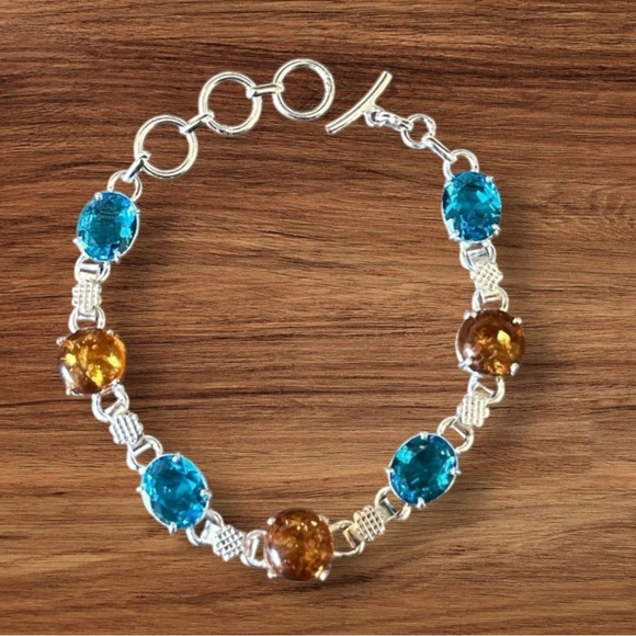 NWT Handmade Amber Blue Topaz Simulated Stone Silver Overlay Bracelet - Picture 1 of 4